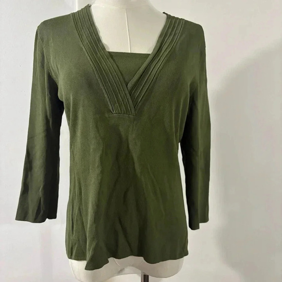 August Silk Quarter Sleeve V-Neck Blouse Green Size M - Picture 1 of 6